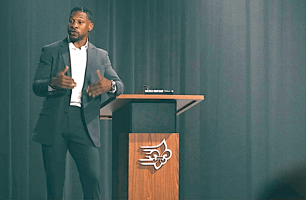 Capt. Saunders (Jonathan Majors) giving a talk to students in "Run Hide Fight: Infidels." (Bonfire Legend/The Daily Wire)