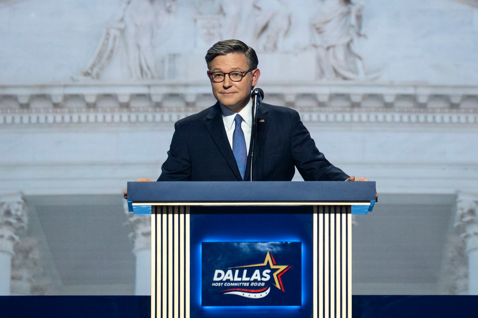 House Speaker Mike Johnson (R-La.) speaks during the second day of the 2026 Republican Midterm Convention in Dallas on Sept. 10, 2026. (Madalina Kilroy/The Epoch Times)