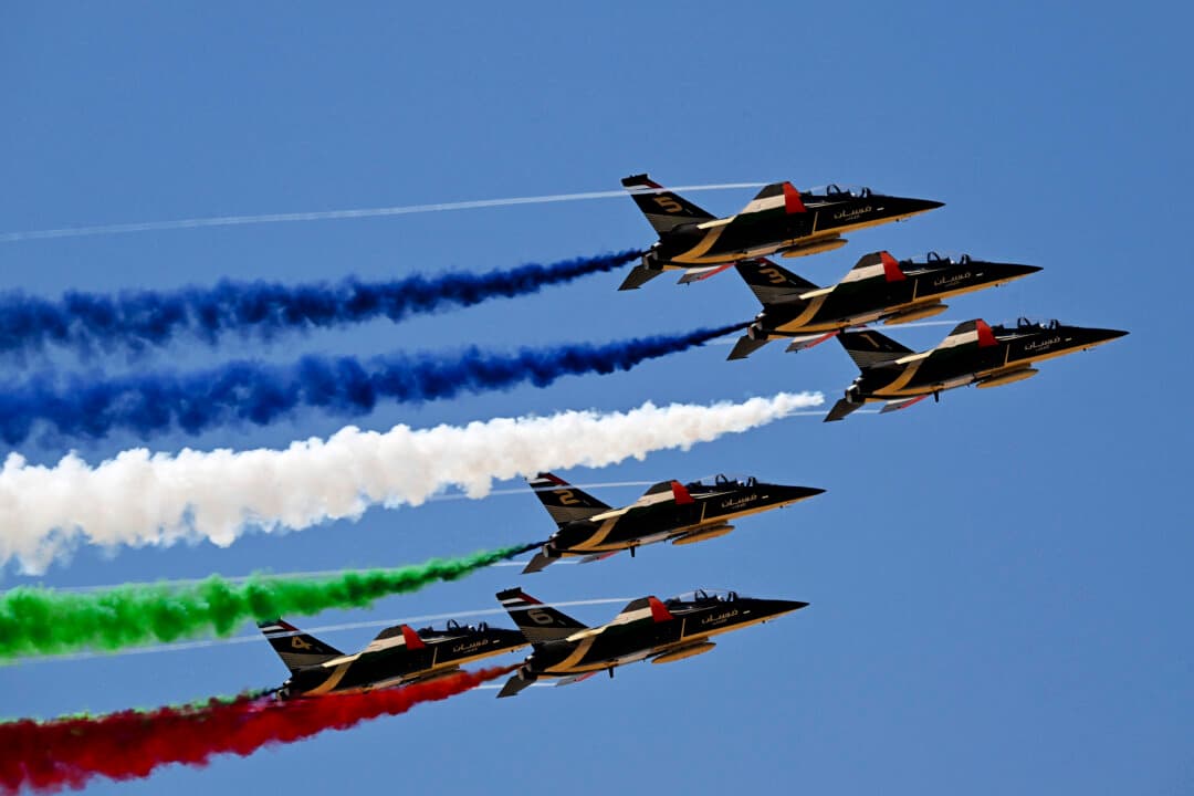 A UAE aerobatic team performs during the second day of the second edition of Egypt's El Alamein International Airshow in Alamein on Sept. 9, 2026. (Khaled Desouki/AFP via Getty Images)