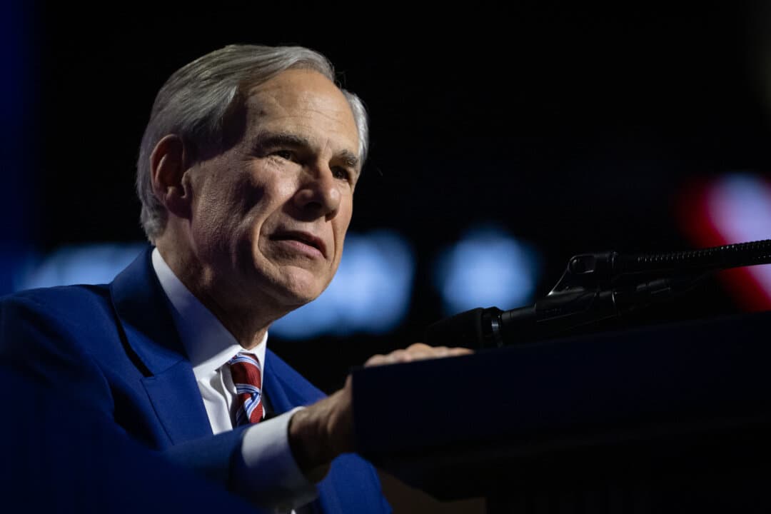 Texas Gov. Greg Abbott speaks during the second day of the 2026 Republican National Committee Midterm Convention in Dallas on Sept. 10, 2026. (John Fredricks/The Epoch Times)