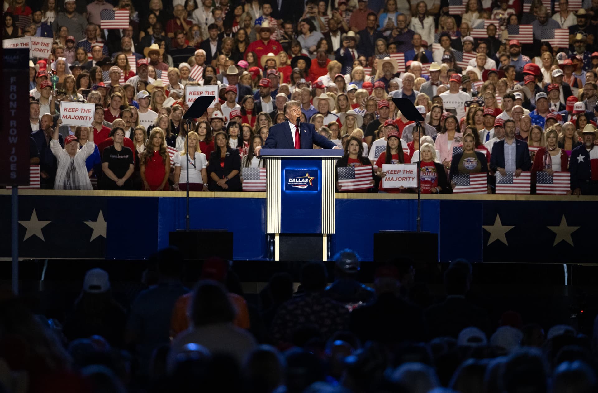 President Donald Trump speaks at day 2 of the 2026 Republican National Committee (RNC) Midterm Convention in Dallas on Sept. 10, 2026. (John Fredricks/The Epoch Times)