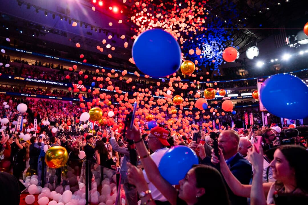 Balloons drop at the end of the 2026 Republican National Committee Midterm Convention in Dallas on Sept. 10, 2026. (Madalina Kilroy/The Epoch Times)