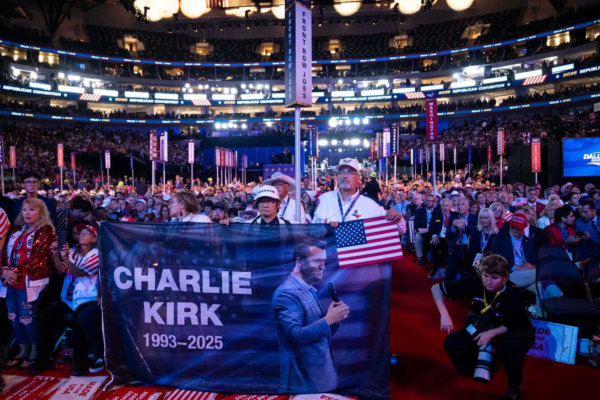 Attendees hold a banner to commemorate late Charlie Kirk during the second day of the 2026 Republican Midterm Convention in Dallas on Sept. 10, 2026. (Madalina Kilroy/The Epoch Times)