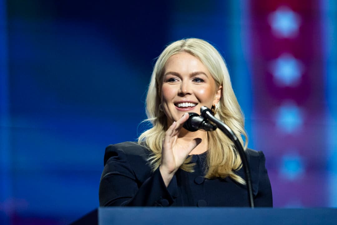 Former White House press secretary Karoline Leavitt speaks during the second day of the 2026 Republican National Committee Midterm Convention in Dallas on Sept. 10, 2026. (Madalina Kilroy/The Epoch Times)