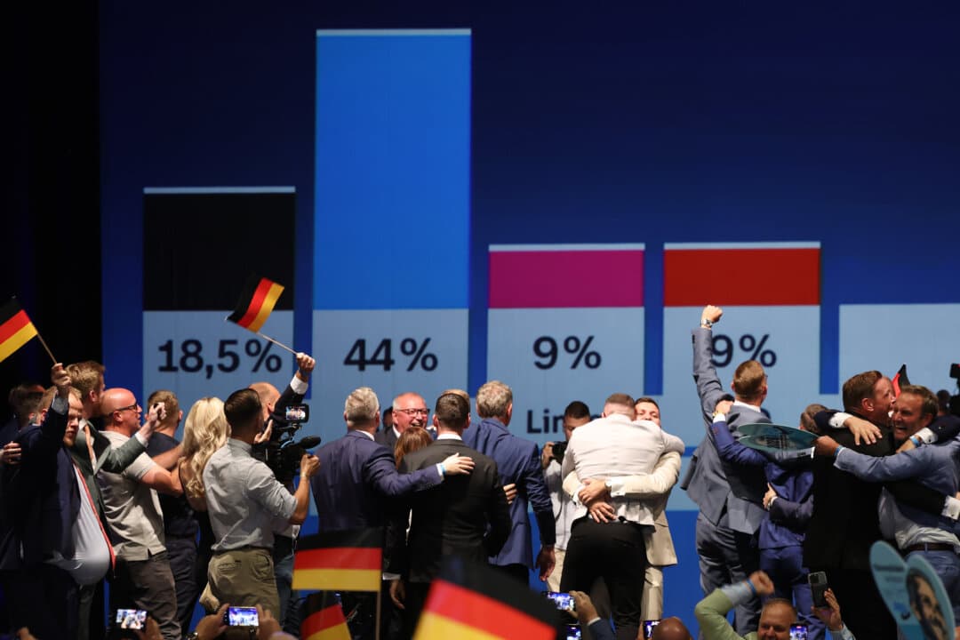 Supporters of the Alternative for Germany (AfD) party cheer at the AfD election evening watch party as initial results show the party with 44 percent in Saxony-Anhalt state elections in Magdeburg, Germany, on Sept. 6, 2026. The AfD went into the election with a wide, double-digit margin, but fell just three seats short of the absolute majority needed to govern alone. (Sean Gallup/Getty Images)