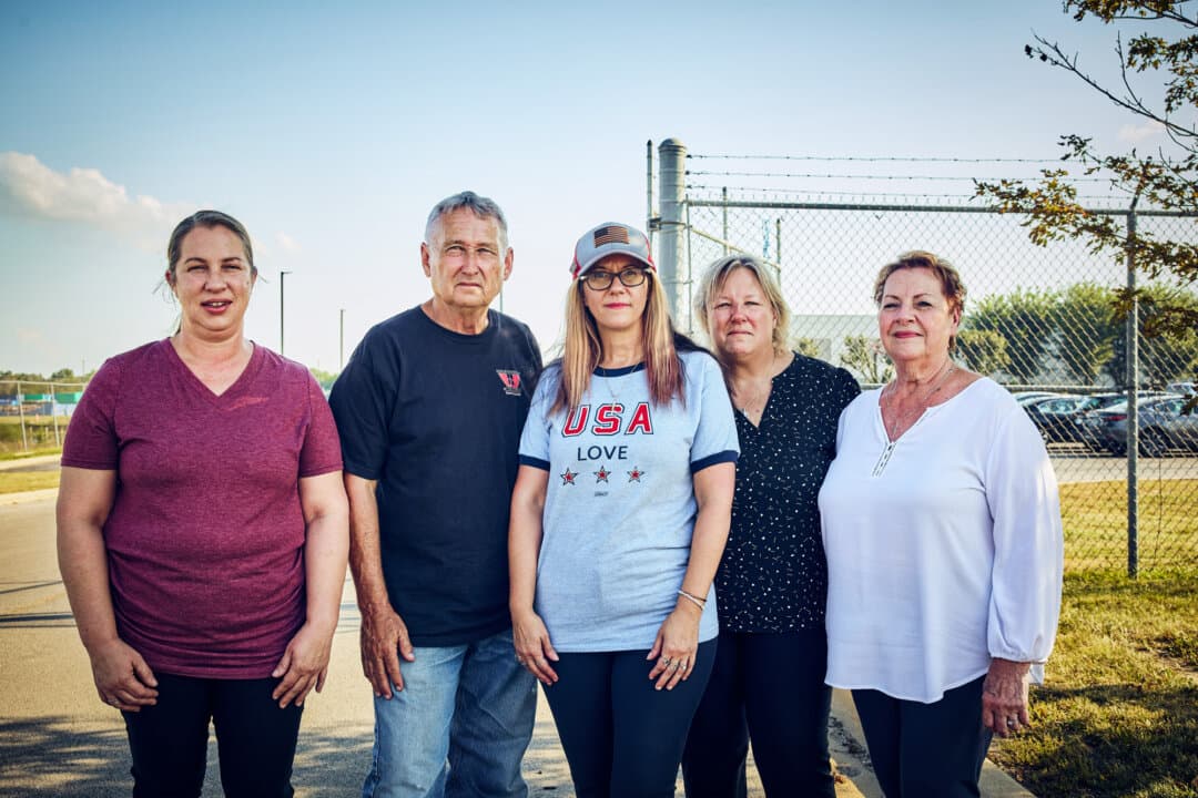 (L–R) Concerned Citizens of Manteno members Amanda Piker, Robert Forsythe, Jillian Rojas, Julie Holda, and Fran Ludwig, in Manteno, Ill., on Sept. 3, 2026. (Nathaniel Smith for The Epoch Times)