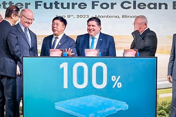 (Left) Illinois Gov. JB Pritzker (Center R) and Gotion representatives announce plans for a lithium battery plant in Manteno, Ill., in Sept. 8, 2023. (Right) The headquarters of Gotion Inc., in Fremont, Calif., on Aug. 26, 2026. (Courtesy of Gov. J.B. Pritzker's office, Dylan Morgan/The Epoch Times)