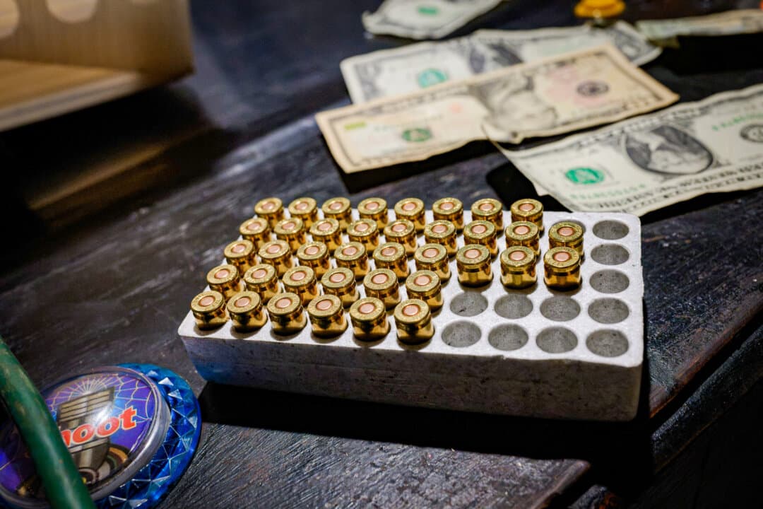 (Top) A table-top game in a raided casino in Los Angeles County on Aug. 20, 2026. (Bottom Left) A meth pipe left behind after a raid on Aug. 20, 2026. (Bottom Right) Cash and ammunition cartridges are left after a raid on Aug. 20, 2026. (Michael Ares for The Epoch Times)