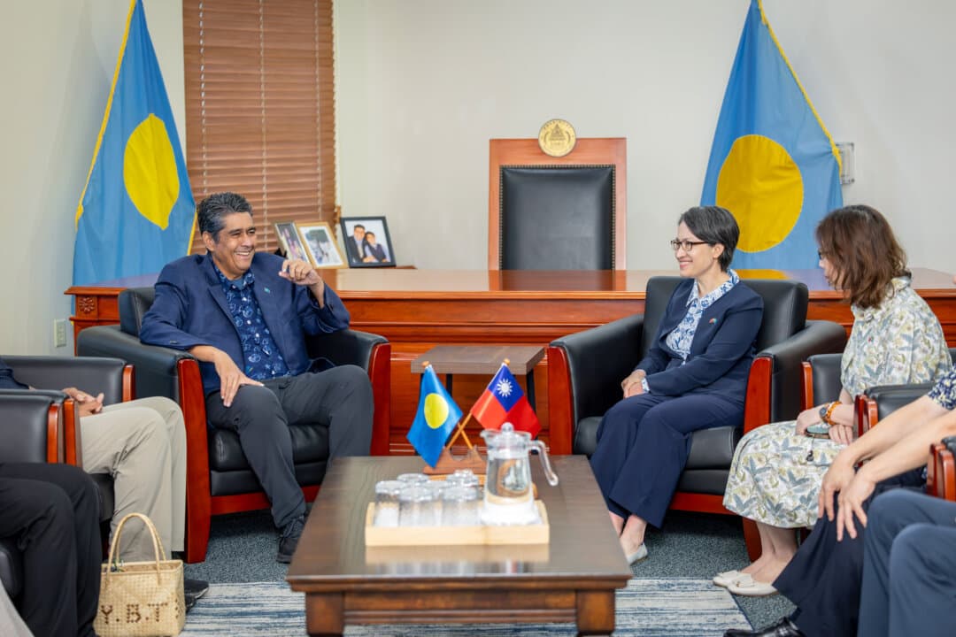 Palauan President Surangel Whipps Jr. (L) and Taiwanese Vice President Hsiao Bi-khim (R) hold a bilateral meeting in the Palauan capital of Ngerulmud on June 8, 2026. (Official Photo by Wang Yu Ching/Office of the Taiwan President)
