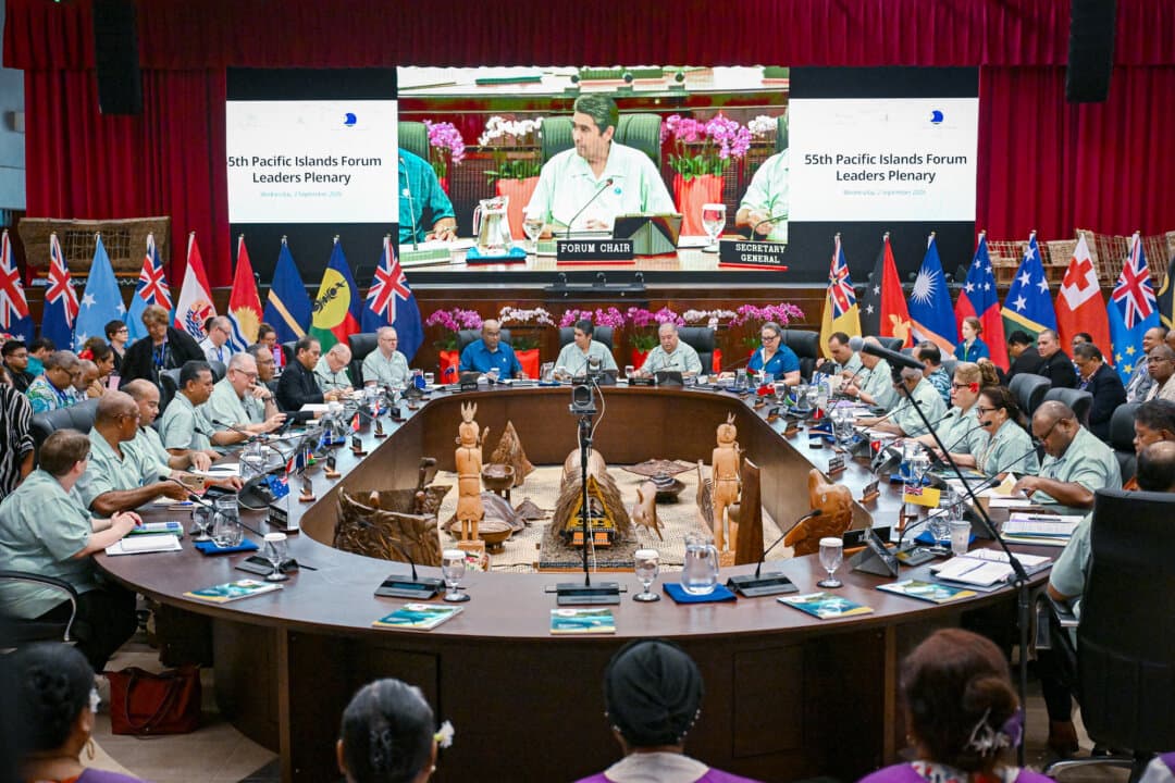 Pacific region leaders attend a Pacific Islands forum in Koror, Palau, on Sept. 2, 2026. The meeting focused on transnational drug crime and other regional priorities, along with tensions between China and Taiwan. (Saeed Khan/AFP via Getty Images)