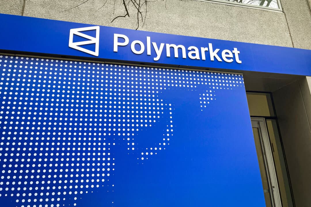 The logo of prediction market platform Polymarket is displayed outside a Polymarket location in Washington on March 20, 2026. (Théo Marie-Courtois/AFP via Getty Images)