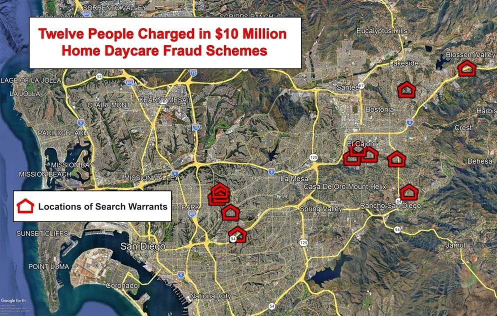 The Justice Department executed search warrants at these locations in the daycare fraud investigation during Operation Cradle to Grift in San Diego on Sept. 10, 2026. (DOJ)