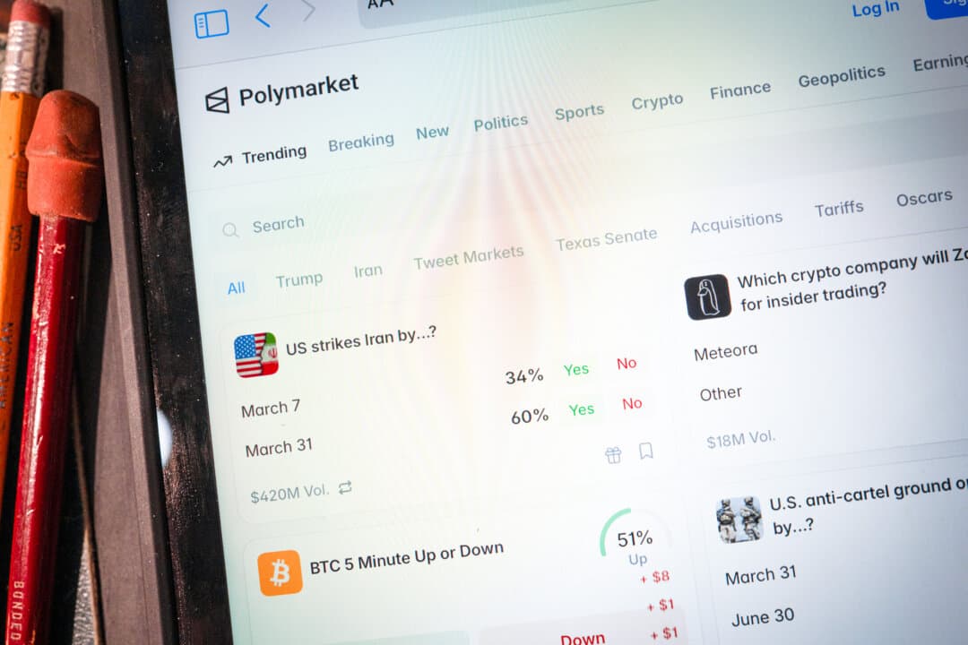 In this photo illustration, an app for online prediction market site Polymarket is displayed in Chicago on Feb. 25, 2026 (Photo Illustration by Scott Olson/Getty Images)