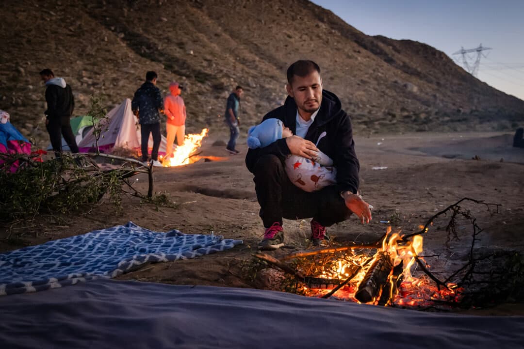 (Clockwise from Top Left) A family prepares to enter Mexico from Naco, Ariz., on March 5, 2025; Buses drop off illegal immigrants in San Ysidro, Calif., on Feb. 29, 2024; Migrants cross the Tijuana River and move toward the U.S. border wall in Tijuana, Mexico, on May 11, 2023; Illegal immigrants from Afghanistan who passed through a gap in the U.S. border wall await processing by U.S. Border Patrol agents in Jacumba, Calif., on Dec. 6, 2023. (John Fredricks/The Epoch Times)