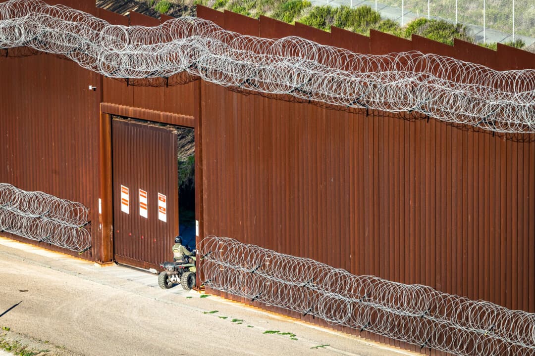 (Left) Border Patrol agents drive along the southern border outside of San Diego on May 27, 2026. (Right) A Border Patrol agent enters through the U.S. border wall outside of San Diego on Jan. 20, 2026. (John Fredricks/The Epoch Times)