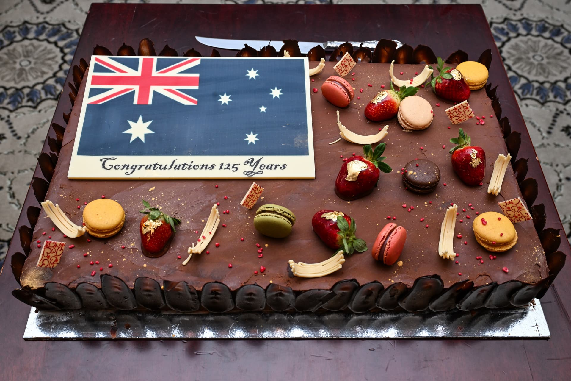 A birthday cake made for the 125th anniversary of the Australian flag presented at Brisbane City Hall in Australia on Sept. 3, 2026. (Courtesy of the Brisbane City Council)