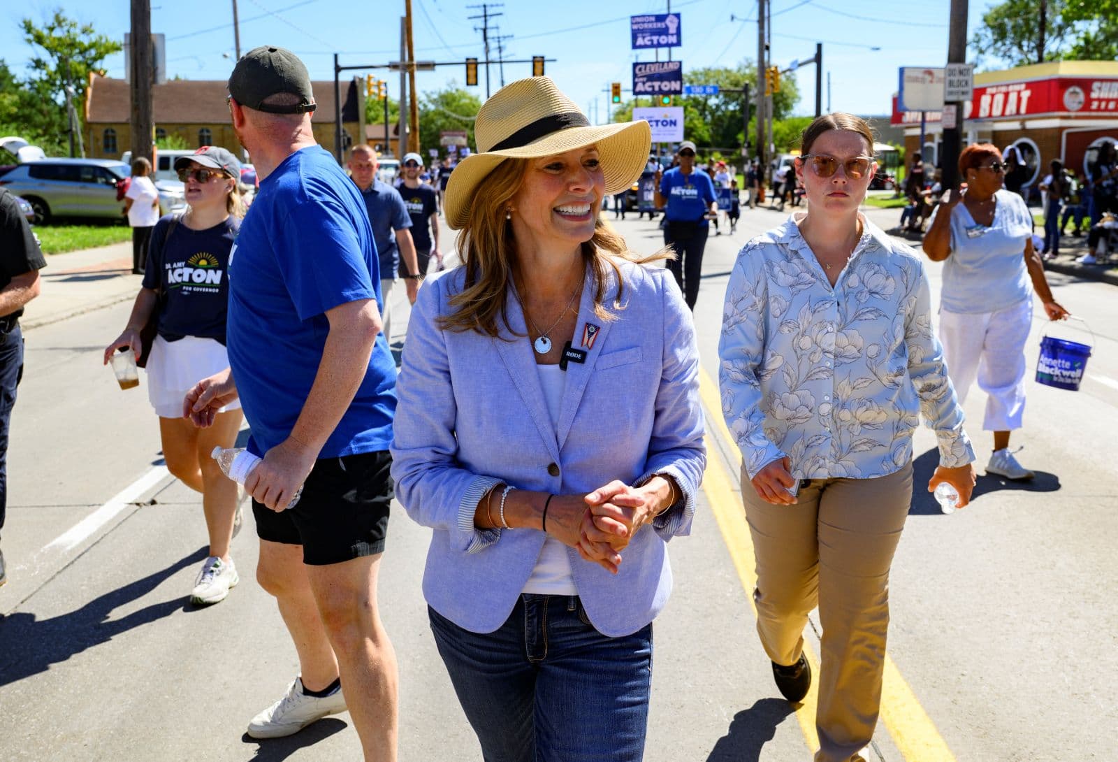 Dr. Amy Acton, the Democratic candidate for governor of Ohio, greets constituents along the parade route of the 54th Annual CDC Parade in Cleveland, Ohio, on Sept. 7, 2026. (Jeff Swensen/Getty Images)