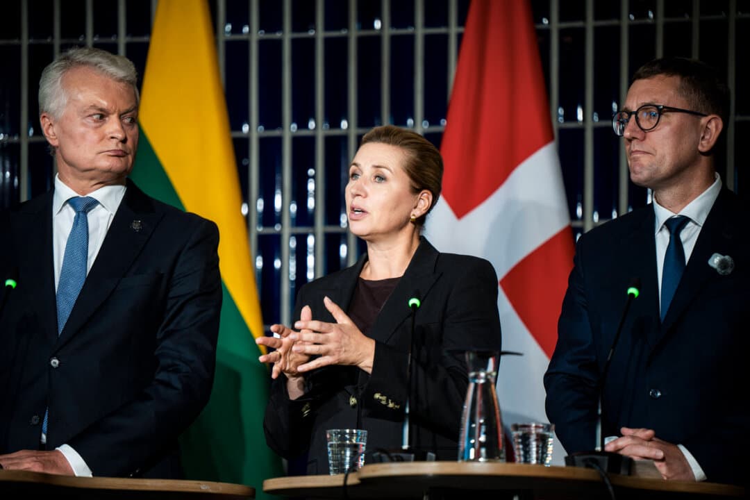(L–R) Lithuanian President Gitanas Nauseda, Danish Prime Minister Mette Frederiksen, and Estonian Prime Minister Kristen Michal hold a joint news conference during the European Arctic Summit in Rovaniemi, Finland, on Sept. 14, 2026. Louisiana Gov. Jeff Landry has expressed support for the United States acquiring Greenland, a self-governing territory within the Kingdom of Denmark. (Jouni Porsanger/Lehtikuva/AFP via Getty Images/Finland OUT)