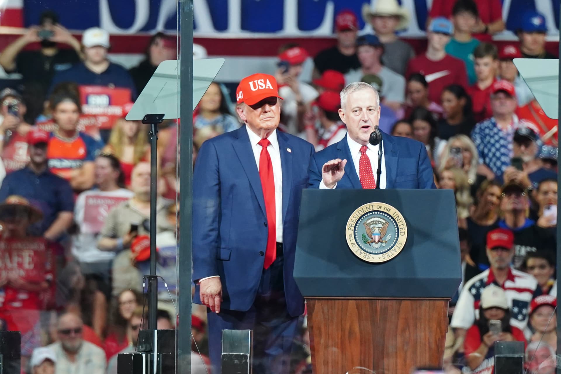 Republican U.S. Senate candidate Michael Whatley speaks at a rally with President Donald Trump in Gastonia, N.C., on Sept. 16, 2026. (Travis Gillmore/The Epoch Times)