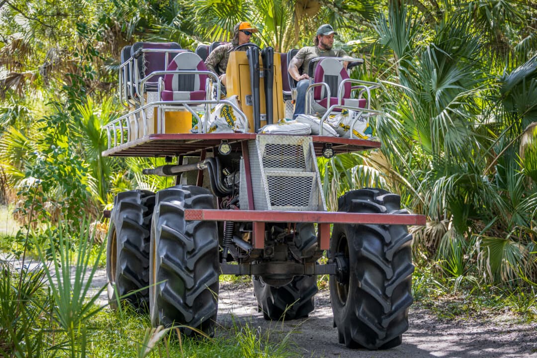 A swamp buggy is used to travel across varied terrain at Florida Hunting, Fishing, and Outdoor Adventures in Okeechobee, Fla., on July 24, 2026. (Natasha Holt for The Epoch Times)