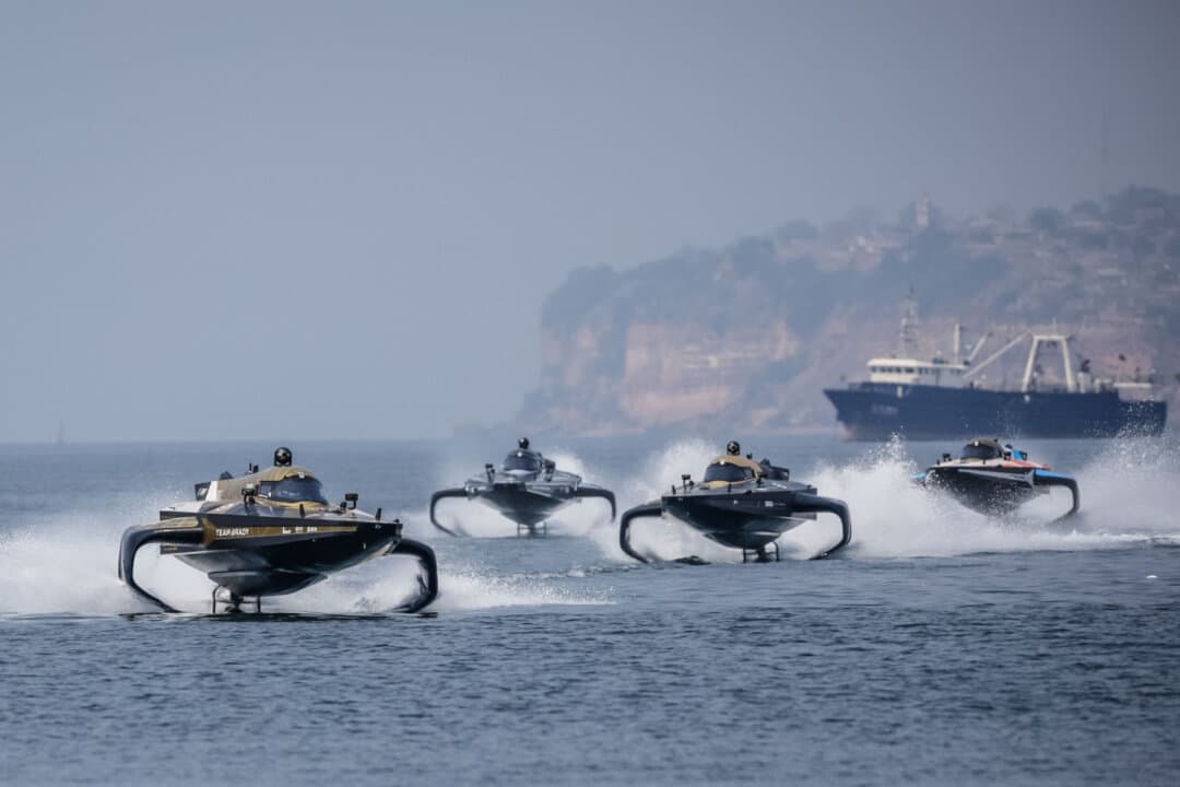 Electric raceboats compete during the E1 Luanda GP 2026 World Championship at Marina Baia, in Luanda, Angola, on Sept. 13, 2026. (Phill Magakoe/AFP via Getty Images)