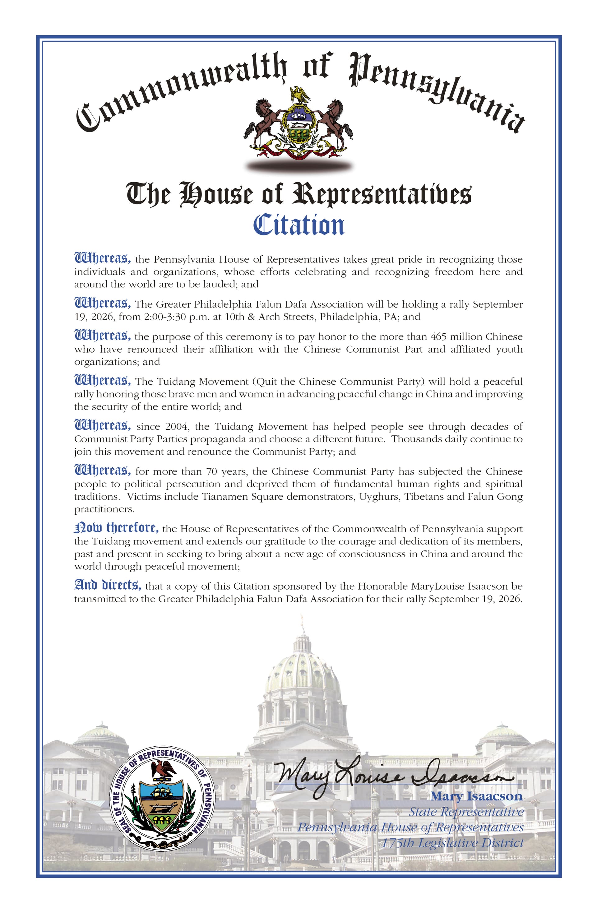 The Pennsylvania House of Representatives issued a citation initiated by Rep. Mary Isaacson supporting the Quit the CCP global movement. (Courtesy of Greater Philadelphia Falun Dafa Association)
