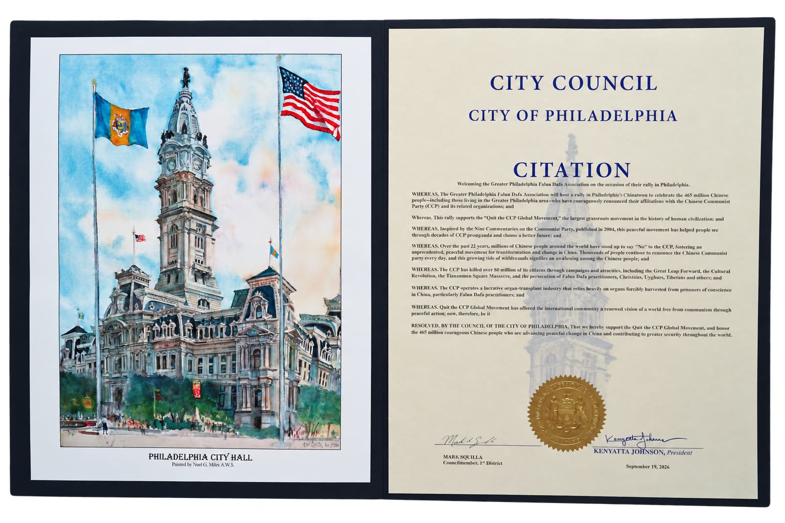 The Philadelphia City Council issued a citation initiated by Councilman Mark Squilla supporting the Quit the CCP global movement. (Courtesy of Greater Philadelphia Falun Dafa Association)
