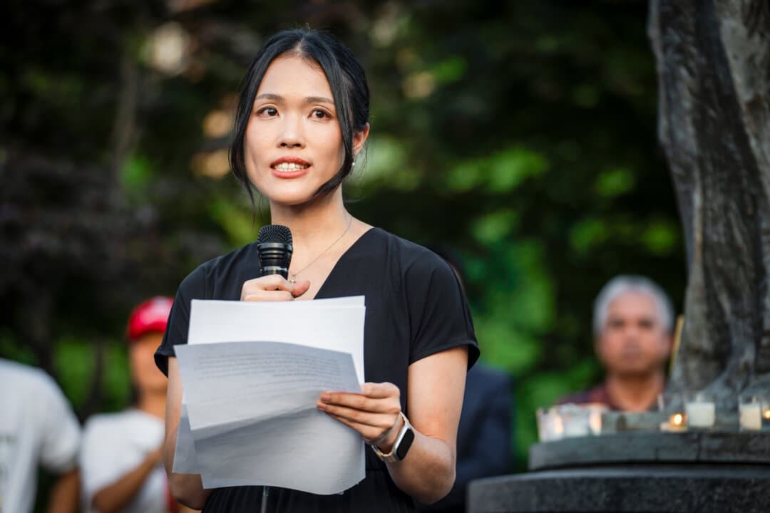 Frances Hui, policy and advocacy coordinator at the Committee for Freedom in Hong Kong Foundation, speaks during a Tiananmen Square massacre candlelight vigil held at the Victims of Communism Memorial in Washington on June 4, 2026. (Madalina Kilroy/The Epoch Times)