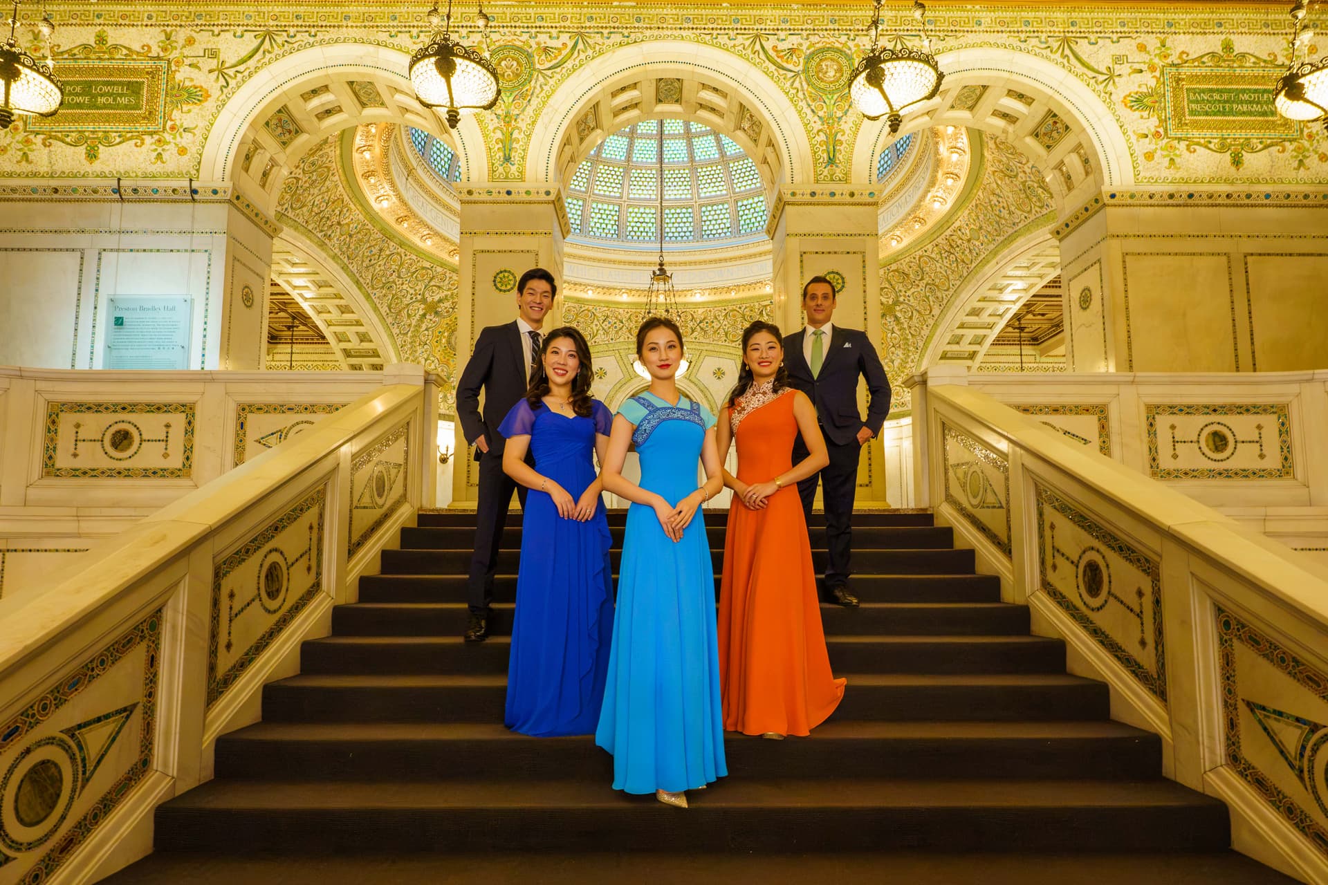 Several Shen Yun artists attended the premiere, including, front row, from left: Rachel Chen, Amy Yu, and Shindy Cai; and back row, from left: Jared Ren and Leeshai Lemish. (Lin Yi/The Epoch Times)