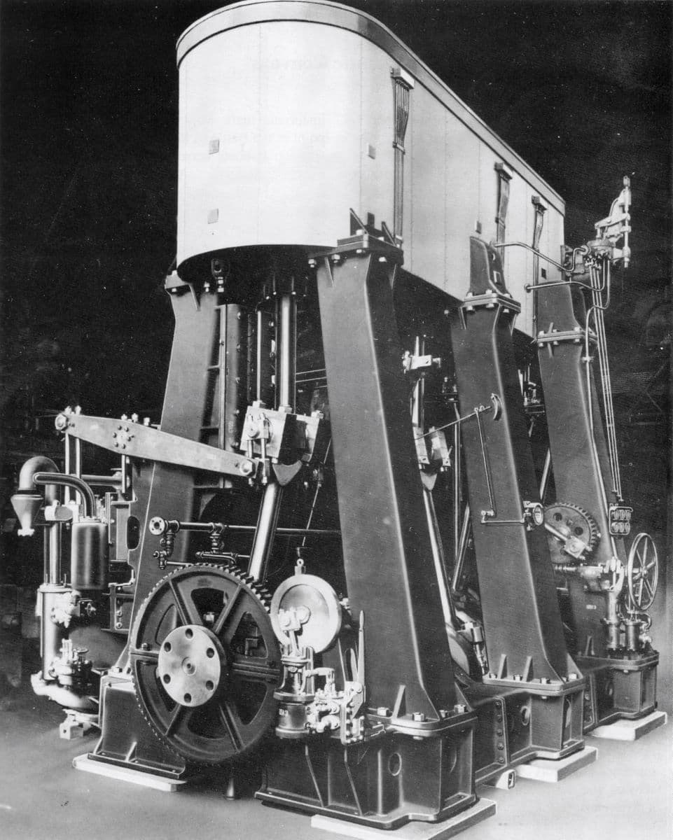 A 140-ton vertical triple expansion steam engine of the type used to power World War II Liberty ships, assembled for testing before delivery. These were based on the British ships being constructed in American shipyards. United States Maritime Commission. (Public Domain)