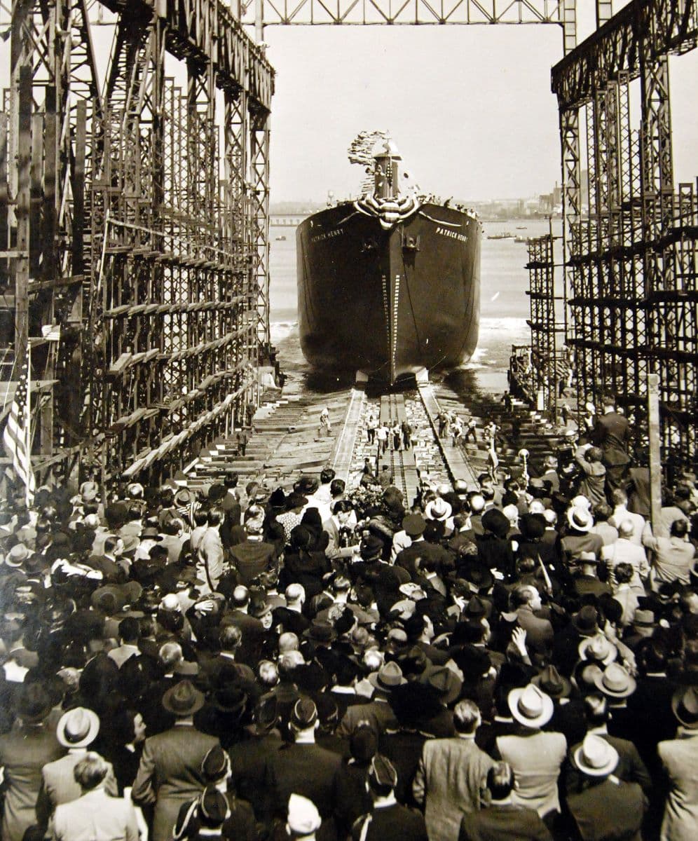Launch of SS Patrick Henry, the first Liberty ship, on Sept. 27, 1941. National Museum of the U.S. Navy. (Public Domain)