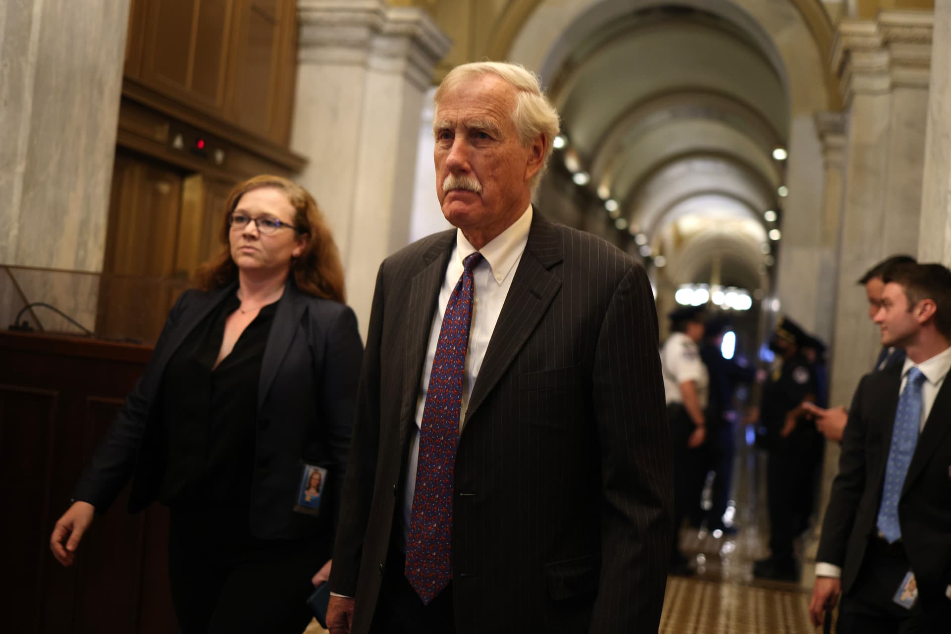 Sen. Angus King (I-Maine) walks in the U.S. Capitol during a vote in Washington on July 21, 2021. (Anna Moneymaker/Getty Images)