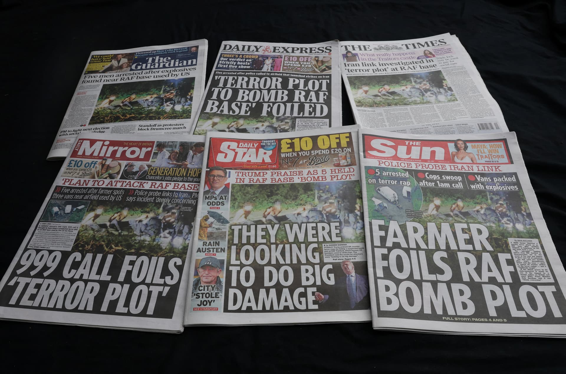 The incident at RAF Fairford—which houses U.S. Air Force personnel—was front-page news in British newspapers on Sept. 28, 2026. (Toby Melville/Reuters)