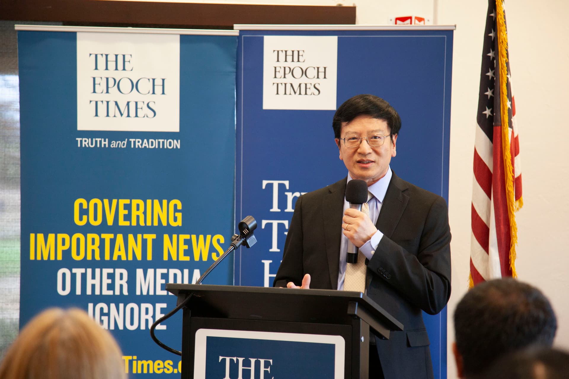 Epoch Times CEO Dr. Samuel Zhou speaks at the Insider Forum in Palo Alto on Sept. 24, 2026. (Lear Zhou/The Epoch Times)