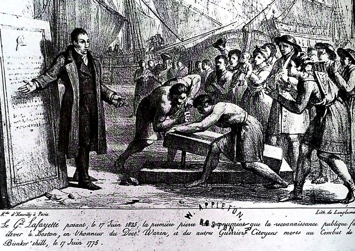 Lafayette laying cornerstone of Bunker Hill Monument, June 17, 1825. (Public Domain)