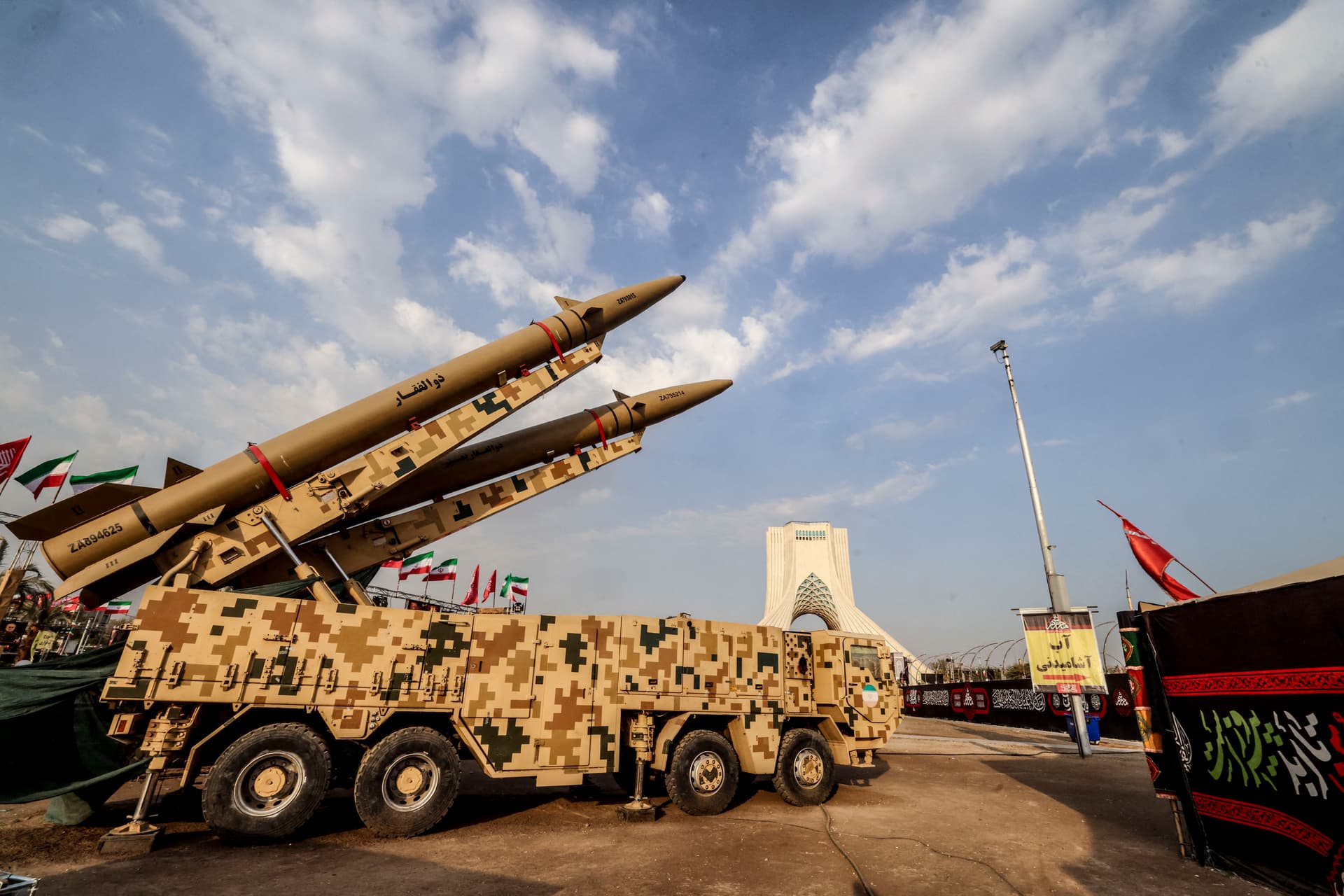 Iranian-made Zolfaghar missiles are displayed at Azadi Square in Tehran, Iran, on Aug. 2, 2026. (Atta Kenare/AFP via Getty Images)