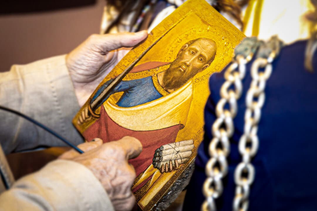 (Clockwise from Top Left) Paintings are displayed during the 33rd International Biennial of Antiques in Florence, Italy, in September 2024; a visitor studies a painting displayed during the 33rd International Biennial of Antiques in Florence, Italy, in 2024; visitors look at paintings displayed during the 33rd International Biennial of Antiques in Florence, Italy, in 2024; detail of antique artwork displayed during the 33rd International Biennial of Antiques in Florence, Italy, in 2024. (Dario Borruto, Antonello Tofani)