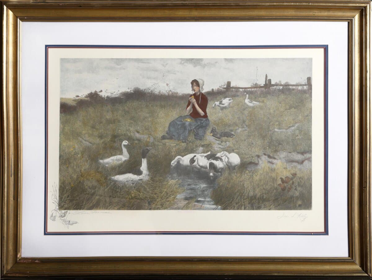 "Maiden With Geese," by John Leon Moran. Etching. (Public Domain)