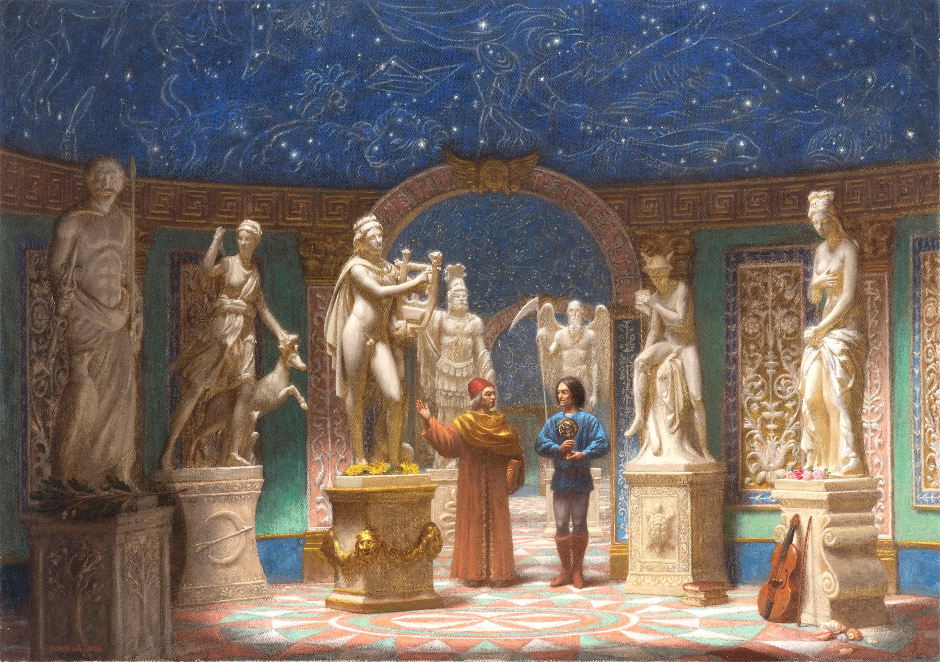 Andrew Bonneau's oil painting, "Marsilio Ficino and Lorenzo Di Medici in the temple of the planets," inspired by Renaissance era astronomy. (Courtesy of Andrew Bonneau)