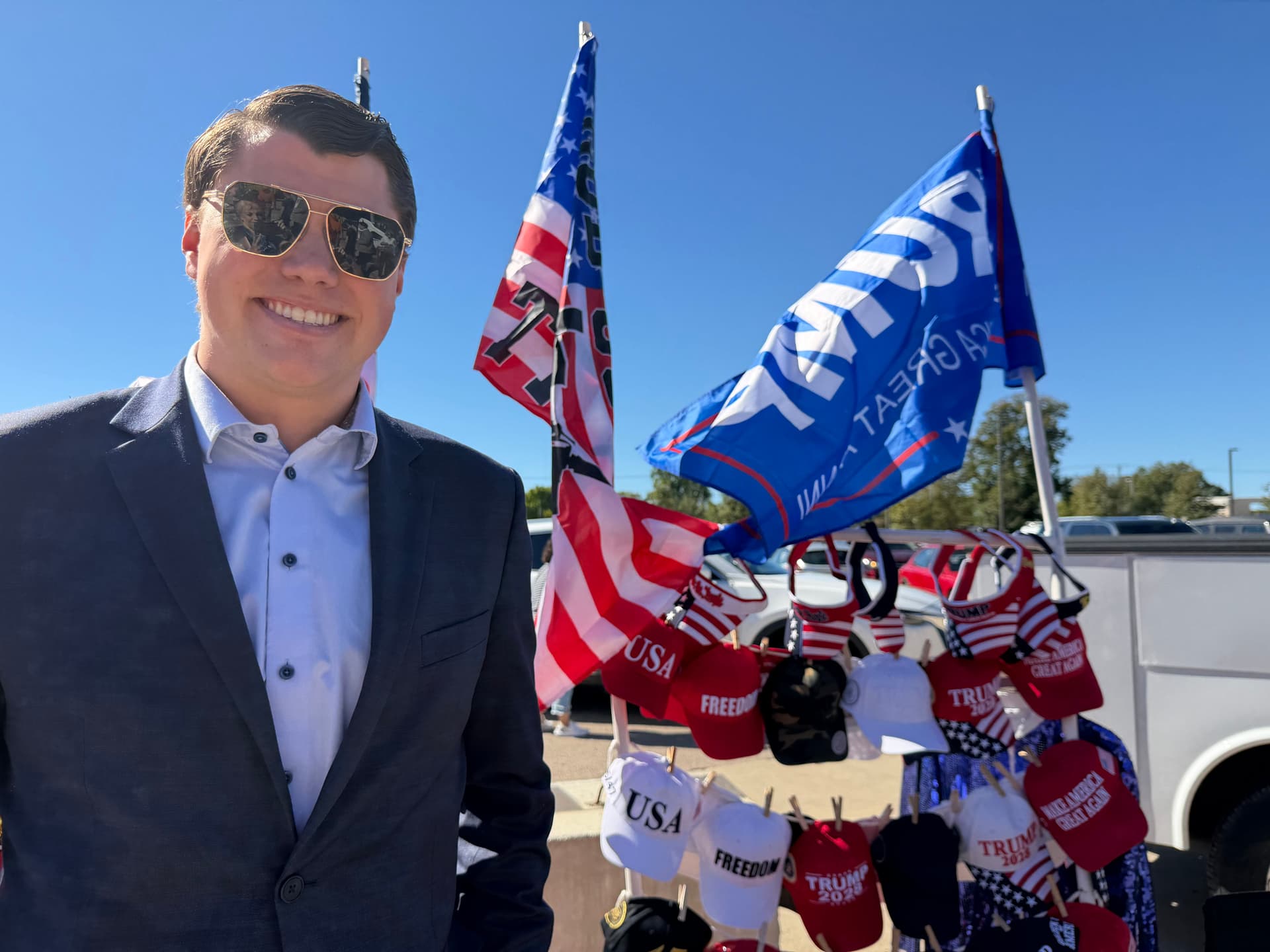 Jacob Sargent, chairman of the Ohio Young Republicans, poses outside President Donald Trump's midterm election rally in Vandalia, Ohio, on Oct. 3, 2026. (Janice Hisle/The Epoch Times)