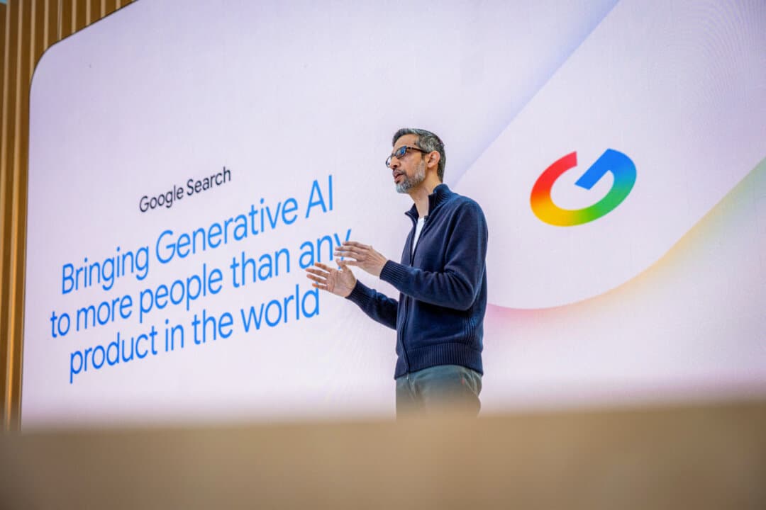 Google CEO Sundar Pichai speaks during Google I/O, the tech giant's annual developers' conference in Mountain View, Calif., on May 20, 2025. (Camille Cohen/AFP via Getty Images)
