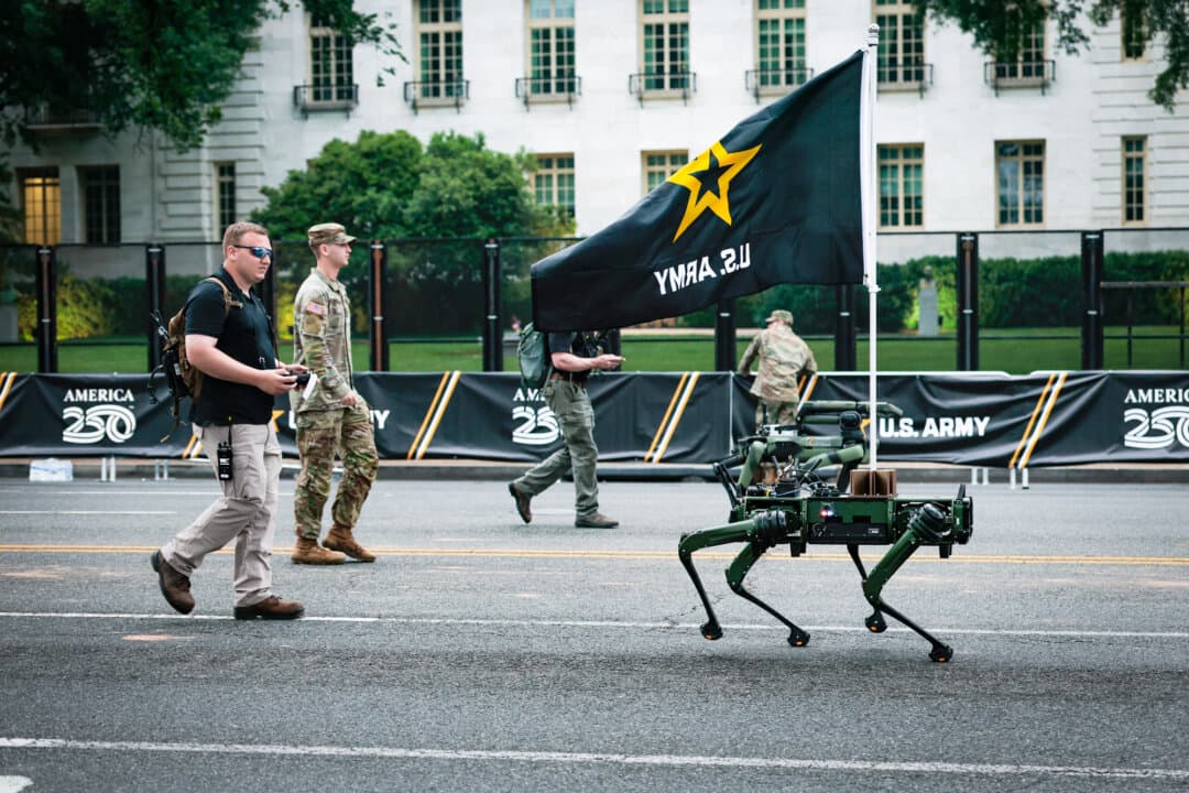 Autonomous robotic dogs walk in the U.S. Army's 250th birthday parade in Washington on June 14, 2025. The robots are designed to replace soldiers, workers, and military working dogs in certain hazardous situations. (Anna Moneymaker/Getty Images)