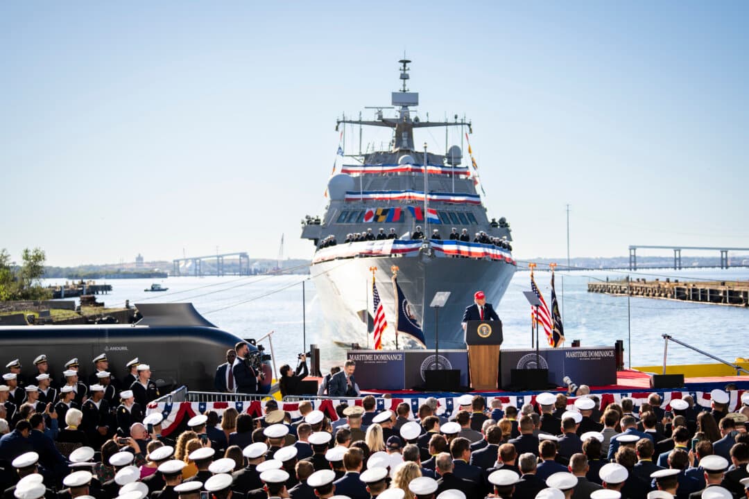 President Donald Trump speaks at Anduril Industries in Sparrow Point, Md., on Oct. 6, 2026. (Madalina Kilroy/The Epoch Times)