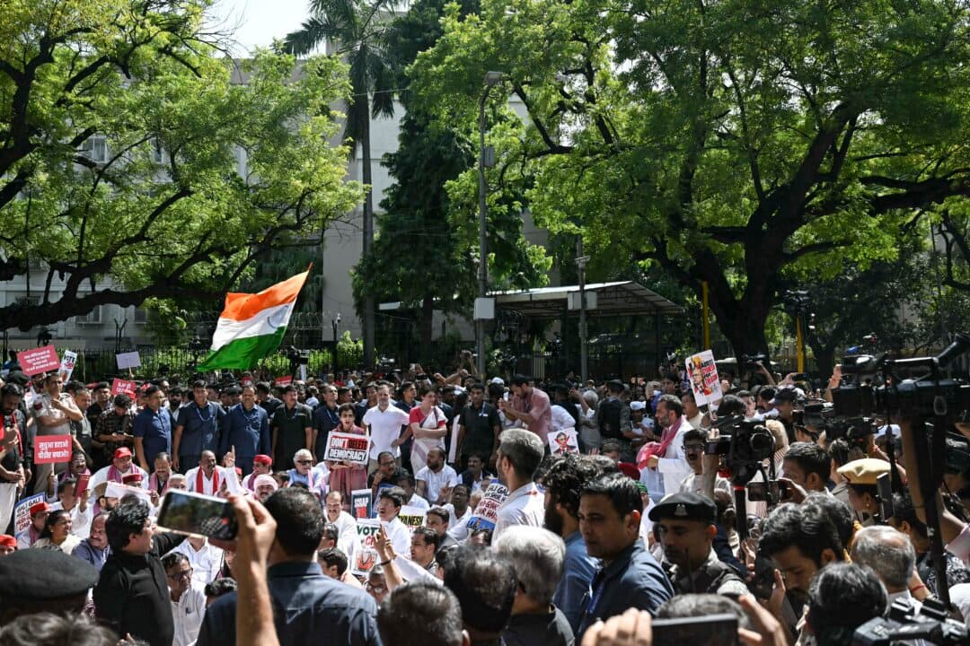 Indian National Congress leaders Rahul Gandhi and Priyanka Gandhi Vadra join an INDIA bloc protest march in New Delhi, on Oct. 6, 2026, calling for the resignation of Chief Election Commissioner Gyanesh Kumar over alleged irregularities in electoral roll revisions. (Arun Sankar/AFP via Getty Images)