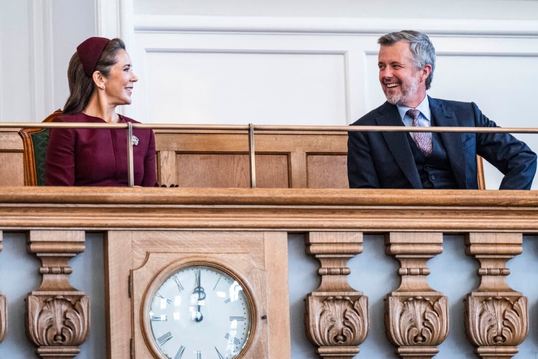 Queen Mary (L) of Denmark and King Frederik X of Denmark on the balcony in the Parliament Hall at the Opening of Folketinget, the Danish Parliament, at Christiansborg Palace in Copenhagen, Denmark, on Oct. 6, 2026. (Martin Sylvest Andersen/Getty Images)