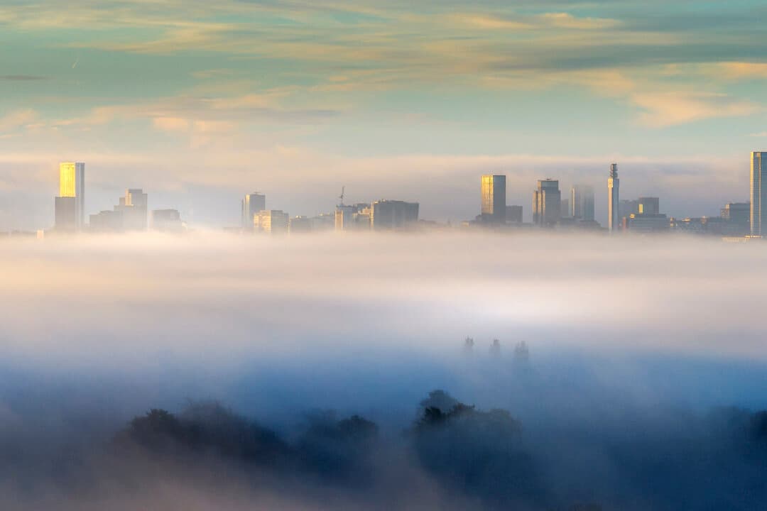 Early morning fog lingers over Birmingham city centre as delegates arrive at the ICC for the third day of the Conservative Party Conference in Birmingham, England, on Oct. 6, 2026.(Christopher Furlong/Getty Images)