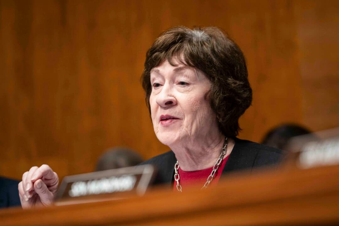 (Left) Sen. Susan Collins (R-Maine) speaks during a hearing on Capitol Hill in Washington on May 14, 2025. (Right) Maine Democratic Senate candidate Troy Jackson speaks at a town hall in Biddeford, Maine, on Sept. 13, 2026. (Madalina Vasiliu/The Epoch Times, Joseph Prezioso/Getty Images)