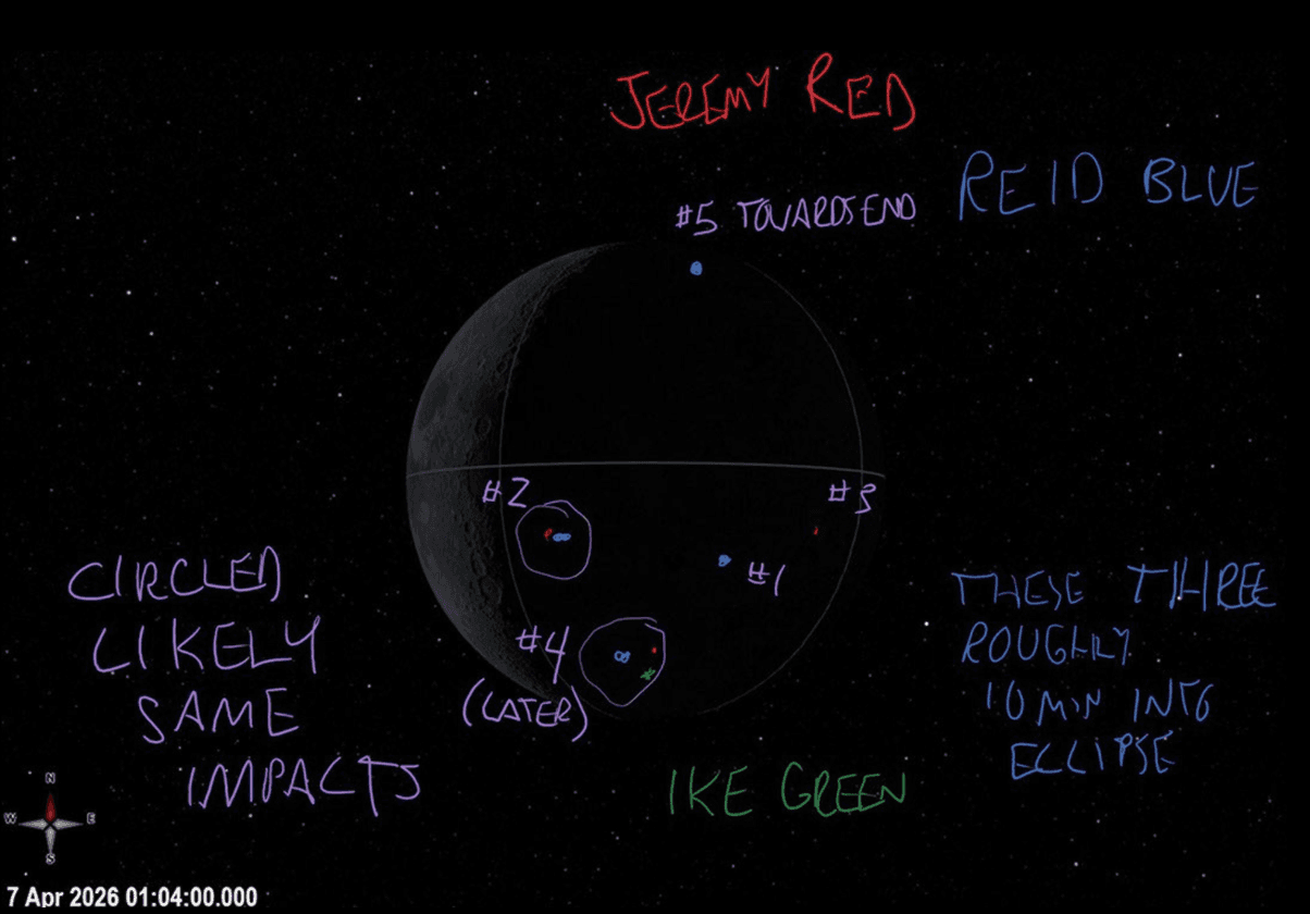 A screenshot of a crewmember’s iPad showing annotations during the flyby. This one marked impact flashes the astronauts observed in the early hours of April 7, 2026. (NASA/CSA).