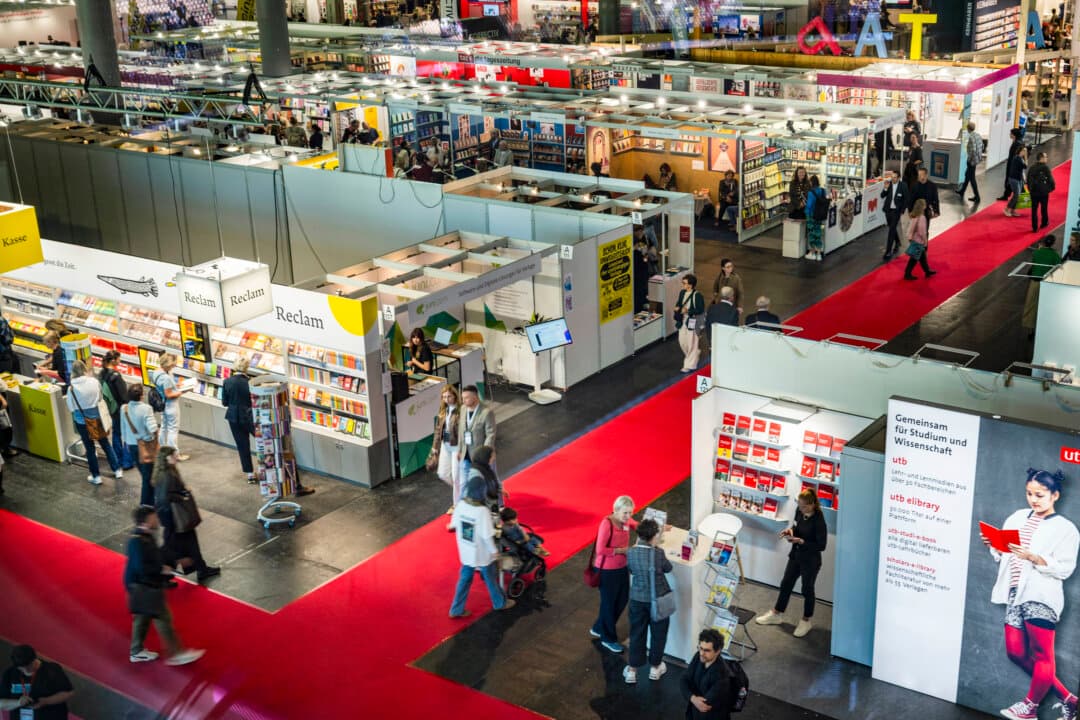 Publishers’ booths at the 2026 Frankfurt Book Fair in Germany on Oct. 7, 2026. The fair runs from Oct. 7-11, with the Czech Republic serving as this year’s Guest of Honor. (Thomas Lohnes/Getty Images)