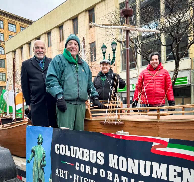 (Left) Friends of the Columbus Monument Corp. take part in an Earth Day cleanup in Syracuse, N.Y., on April 22, 2026, along with board members Nick Pirro (C), Anthony Ilacqua (3rd R), Dominick Ciciarelli (2nd R), and Ed McLaughlin (R). (Right) (L–R) Syracuse City Council member Marty Nave and Columbus Monument Corp. board members Nick Pirro, Anthony Ilacqua, and Richard Pietrafesa take part in a St. Patrick's Day parade in Syracuse on March 14, 2026. (Courtesy of Anthony Ilacqua)